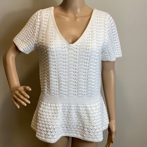 Talbots white short sleeve cotton crochet peplum blouse top size M - Picture 1 of 8